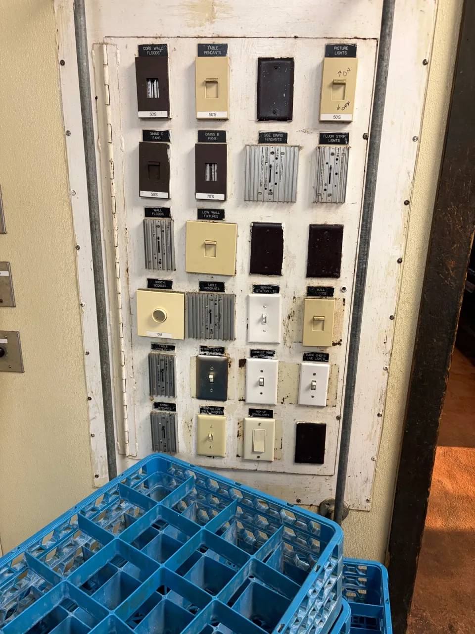 A bank of dimmers for a restaurant in a sad state.